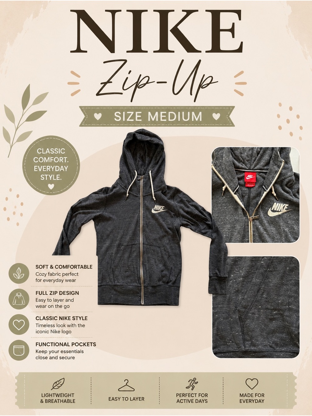 Nike Dark Charcoal Zip-Up Hoodie Sweatshirt